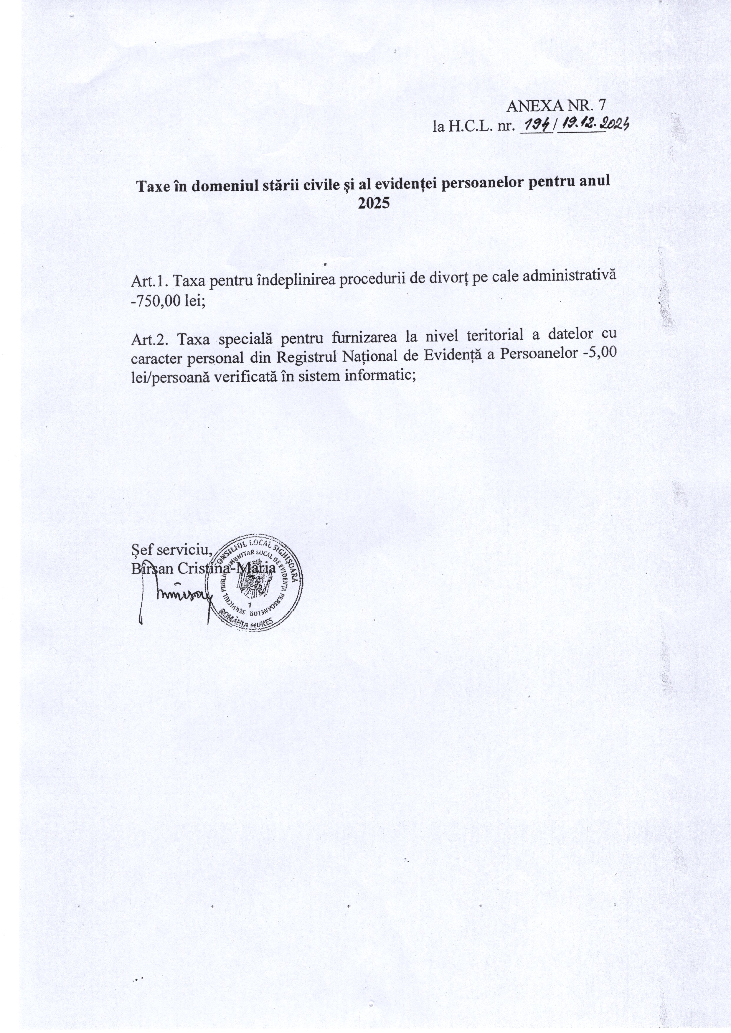 Anunț taxe 2025